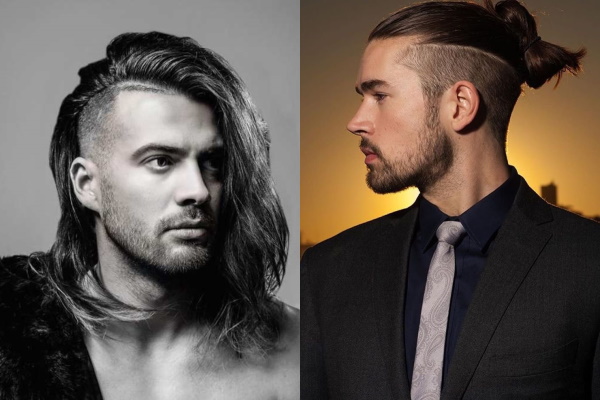 Muodikkaat kampaukset miehille, joilla on pitkät hiukset, otsatukka, sivuttain, kalju, kaunis. Valokuva