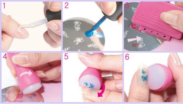Com fer l’estampació correcta de les ungles amb esmalt de gel pas a pas amb una foto