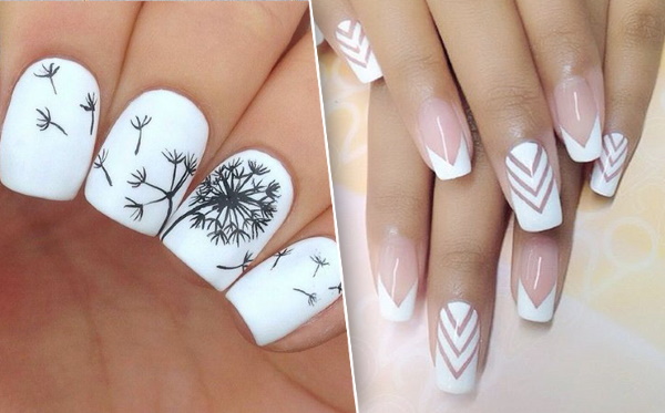 Wzór paznokci z białym lakierem. Zdjęcie z iskierkami, otarciami, kwiatami