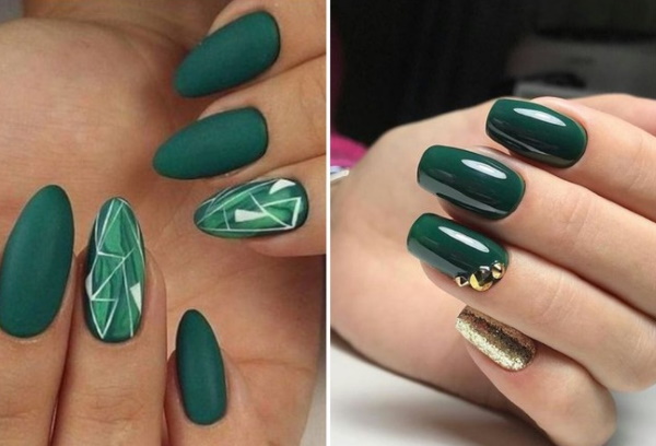 Smaragdo dizaino manikiūras. Nuotrauka, mados tendencijos trumpiems, ilgiems nagams su auksu, cirkonio, blizgučiais, sidabru