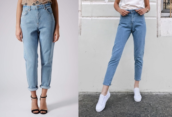 Jeans-pisang untuk wanita. Foto dengan pinggang tinggi dan sederhana, pakaian apa, tempat beli