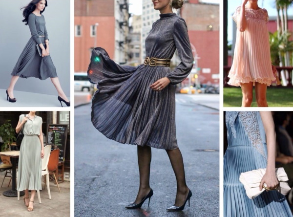 Kleid mit einem Faltenrock. Was zu tragen, Foto von Stilen, welche Schuhe geeignet sind
