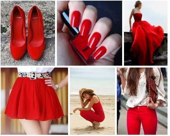 Combinación de rojo y azul. Foto en ropa, manicura.