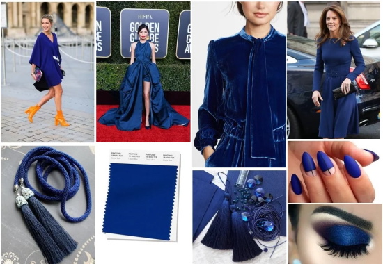 Combinación de rojo y azul. Foto en ropa, manicura.