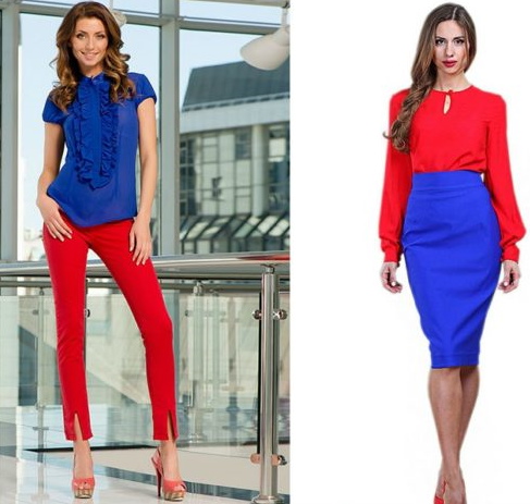Combinació de vermell i blau. Foto de roba, manicura