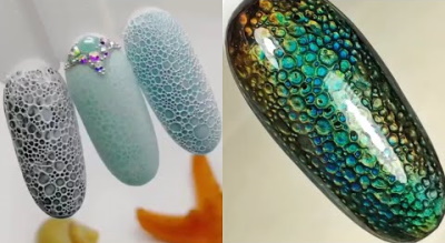 Manicura de espuma (uñas de burbujas) con burbujas de aire, jabonosa, voluminosa. Foto cómo diseñar uñas.