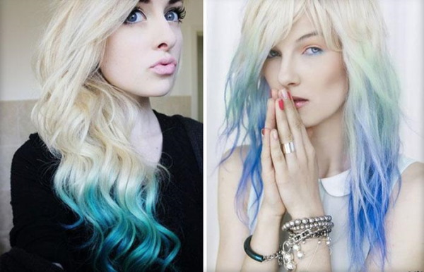 Kanak-kanak perempuan mempunyai rambut biru. Foto persegi, rambut pendek, panjang sederhana