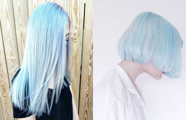 Tytöillä on siniset hiukset. Valokuvaneliö, lyhyet hiukset, keskipitkät