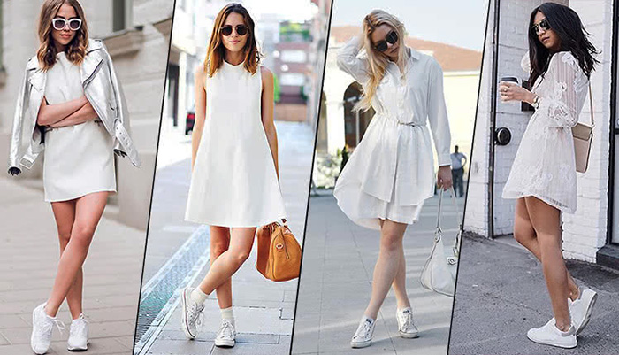 Balti sportbačiai su suknele, sijonu, pėdkelnėmis. Nuotrauka, ką dėvėti