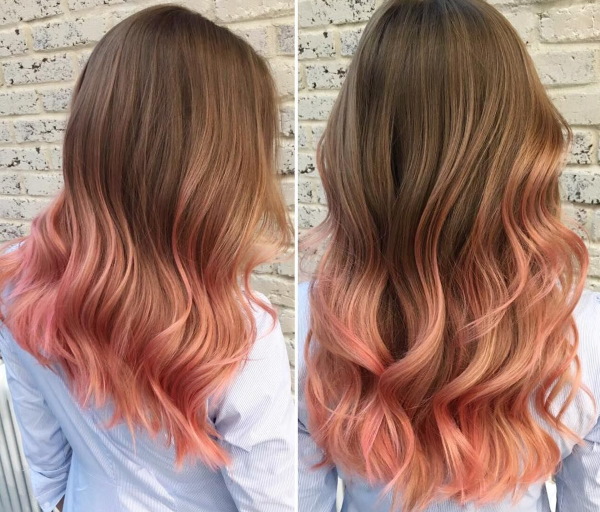 Hellrosa Haarfarbe. Foto an den Enden, hellbraun, dunkel, blondes Haar, Farbe, wer passt