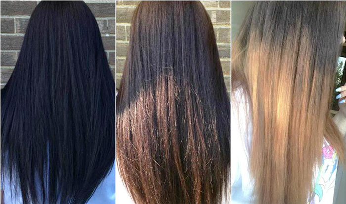 Warna rambut berpasir. Sebelum dan selepas foto dengan sorotan, cat